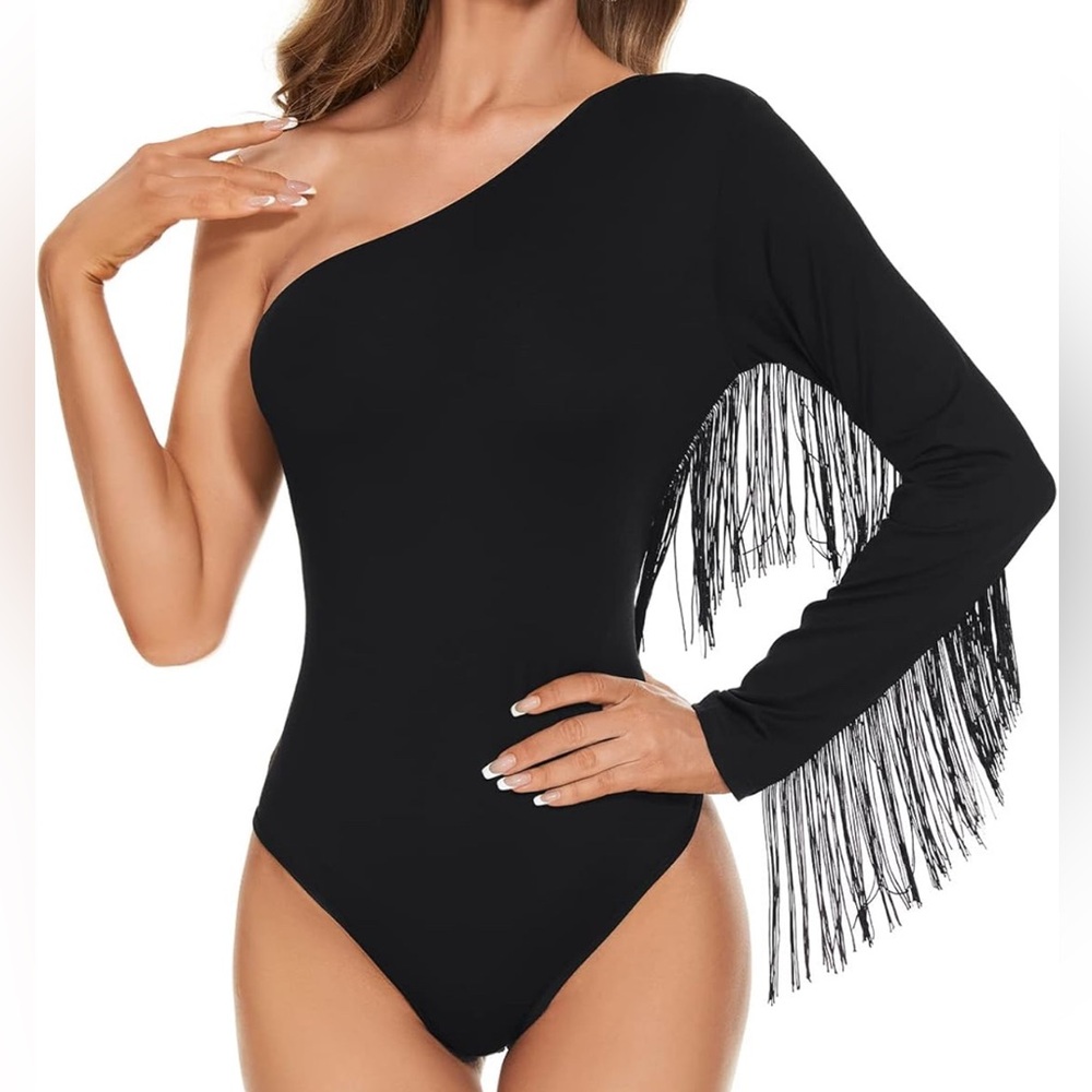 Black Fringe Trim One Shoulder Long Sleeve Bodysuit Top | Reversible